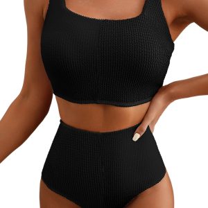 Women's Black Square Neck Bikini Swimsuit – Solid Color Vacation Essential