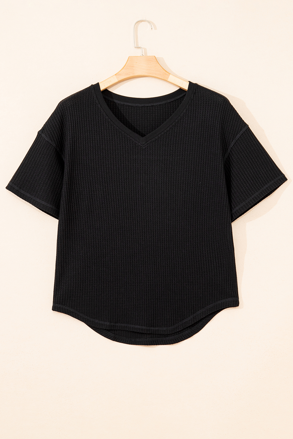Women’s T-Shirt, Black Tee, Waffle Texture, Ribbed, V Neck, Drop Shoulder, Loose Fit, Casual Style, Summer Top, Beach Outfit, Daily Wear, Vacation Ready, Outdoor Activities, Date Night, Back to School - Detail View 8