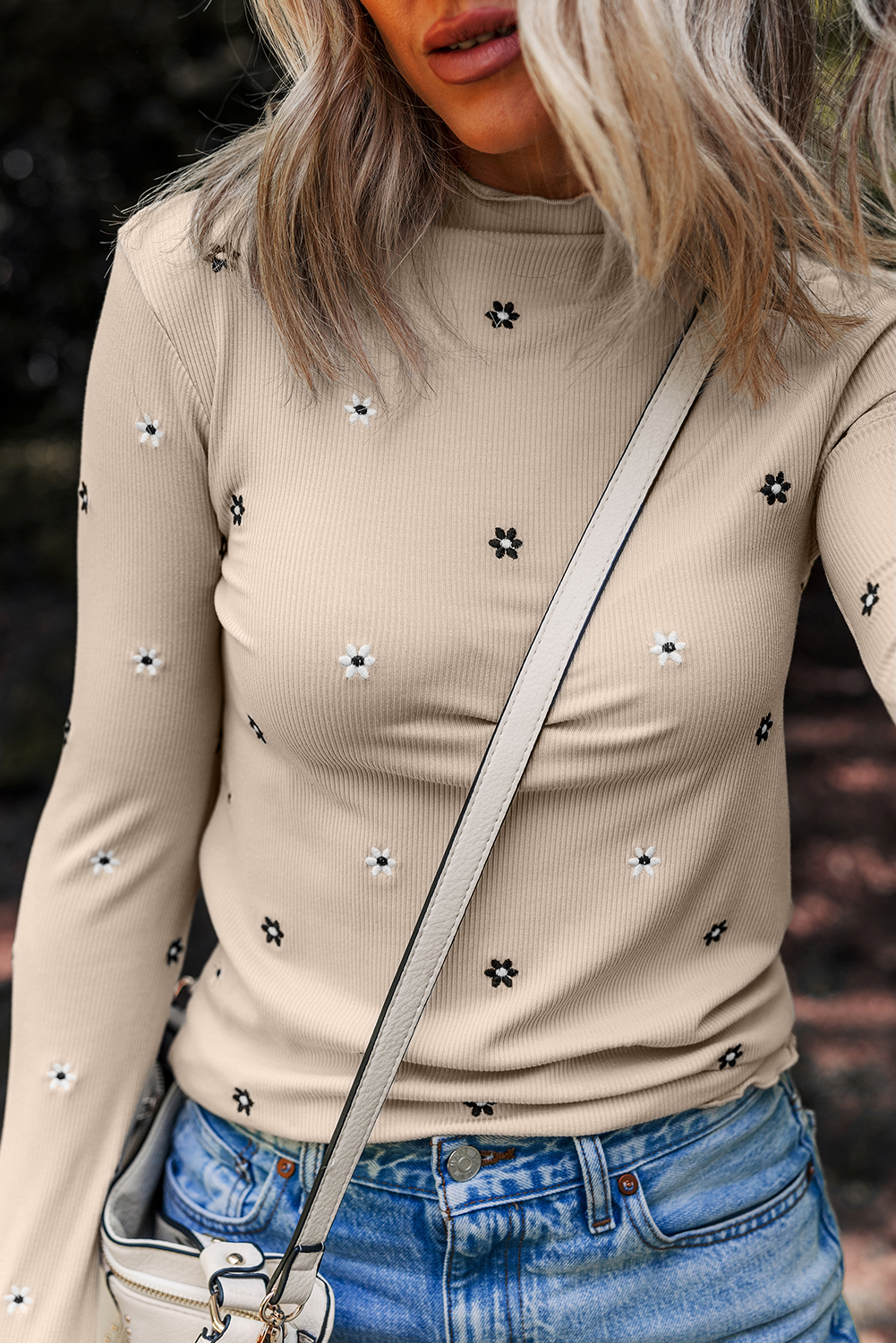 Casual High Neck Sheath Top with Embroidered Details - Women's Daily Wear in Jet Stream Color - Detail View 7