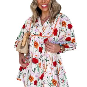 Women's Beige Floral Print Mini Dress with 3/4 Puff Sleeves and Ricrac Trim - Main View