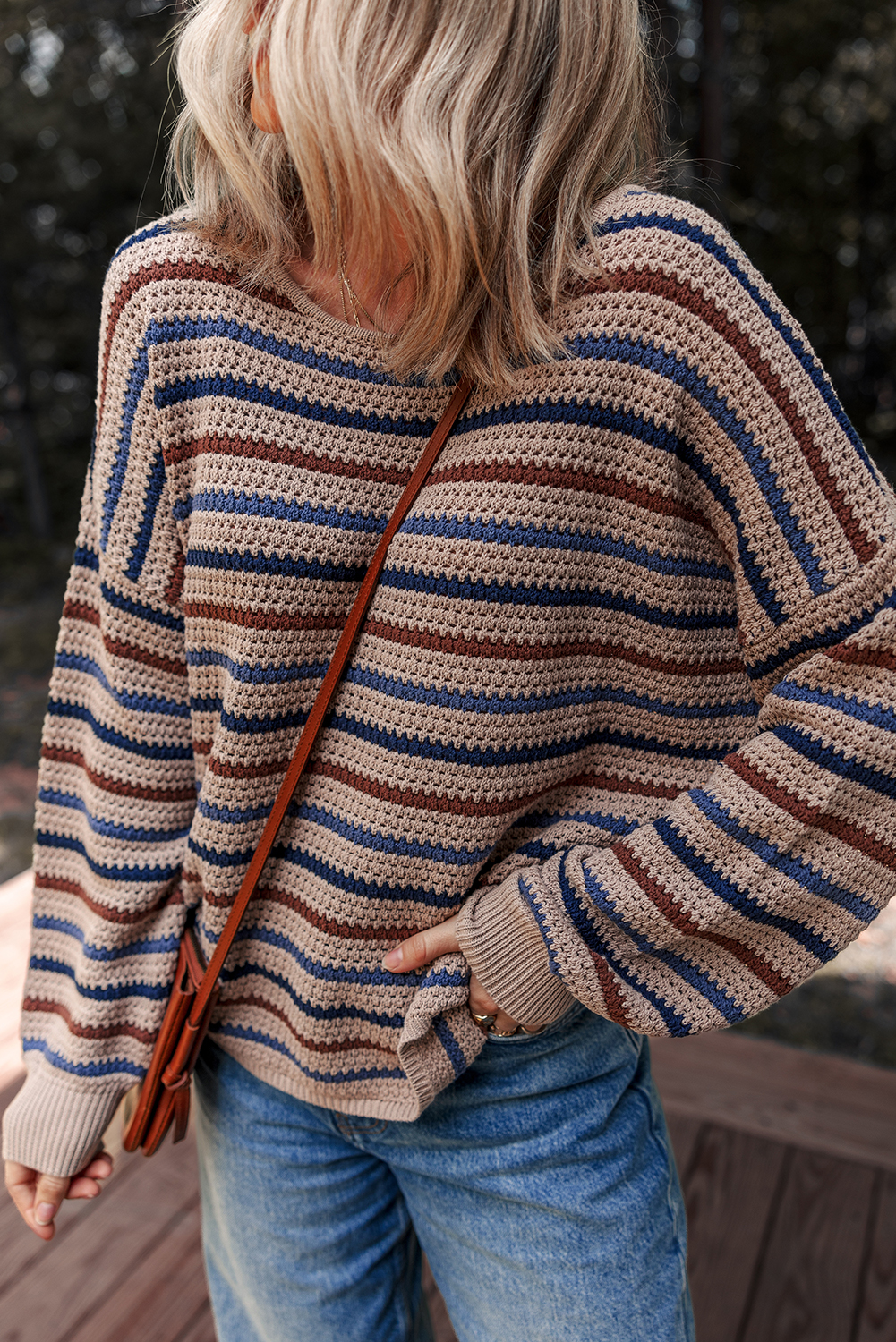 Women's Multicolour Striped Knitted Drop Shoulder Round Neck Sweater for Cozy Comfort - Detail View 5