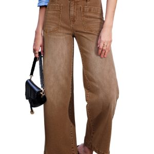 Women's Brown Minimalist Patch Pocket Shift Jeans – High Waist Wide Leg for Everyday Comfort