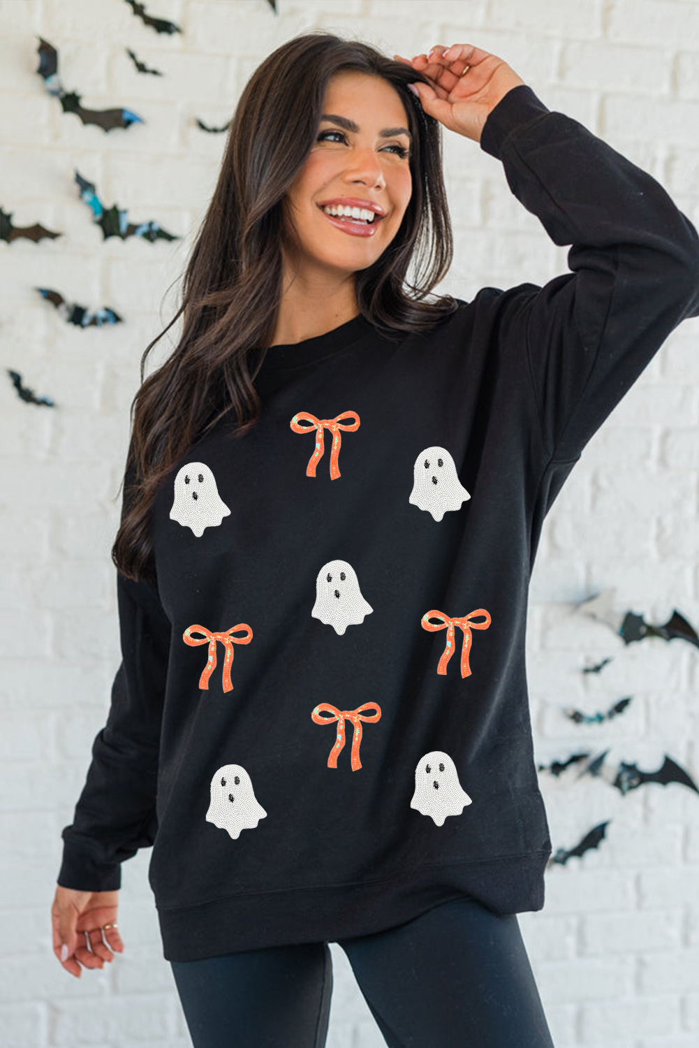 Women's Black Halloween Ghost Bow Sequin Patched Drop Shoulder Sweatshirt - Detail View 5