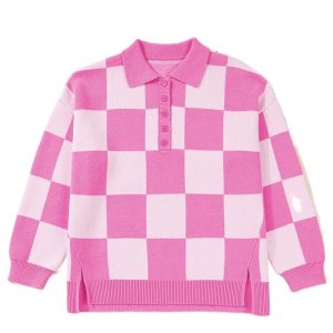 Women's Pink Plus Size Plaid Collared Half-Button Sweater – Casual Daily Wear for Fall Comfort