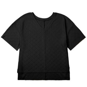 Plus Size Black Pointelle Rhombus Knit V Neck Top – Casual Summer Style for Women