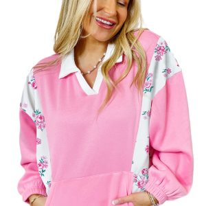 Women's Bonbon Colorblock Floral Patchwork Puff Sleeve Top – Casual Autumn Style for Daily Wear - Main View