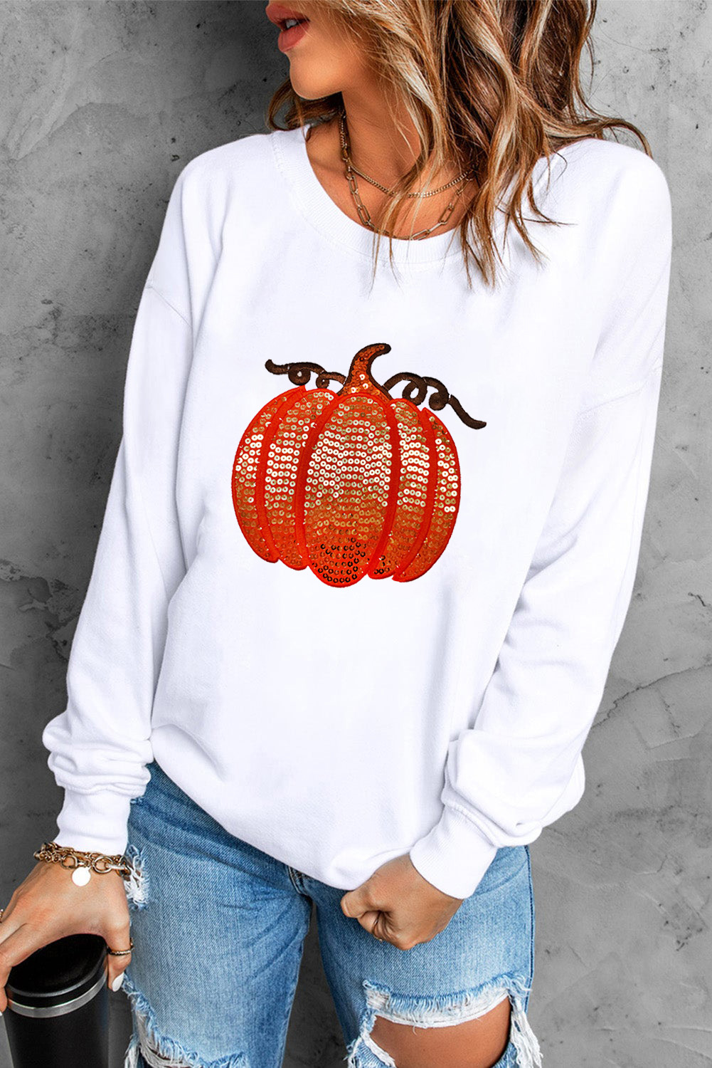 Cozy and Festive White Pullover with Sequin Pumpkin Design for Thanksgiving and Halloween - Detail View 6