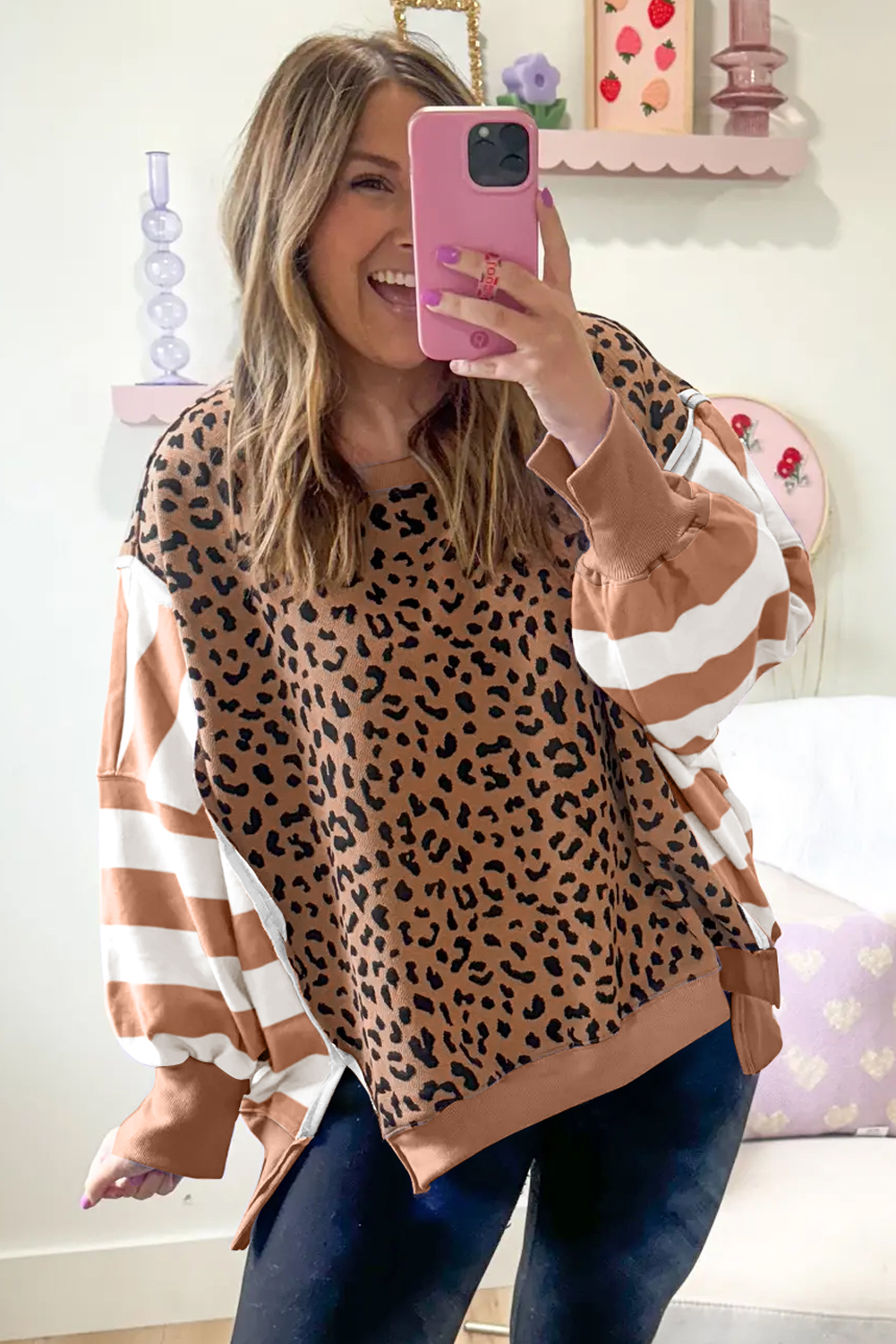 Khaki Stripe Color Block Leopard Casual Sweatshirt with Slits for Women - Detail View 5