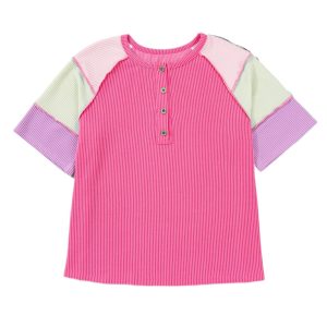 Bright Pink Plus Size Twisted Rib Color Block Henley Top – Casual Summer Essential for Women