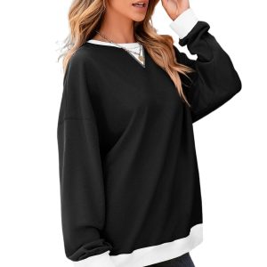 Women's Black Contrast Ribbed Color Block Baggy Sweatshirt for Casual Daily Wear - Main View