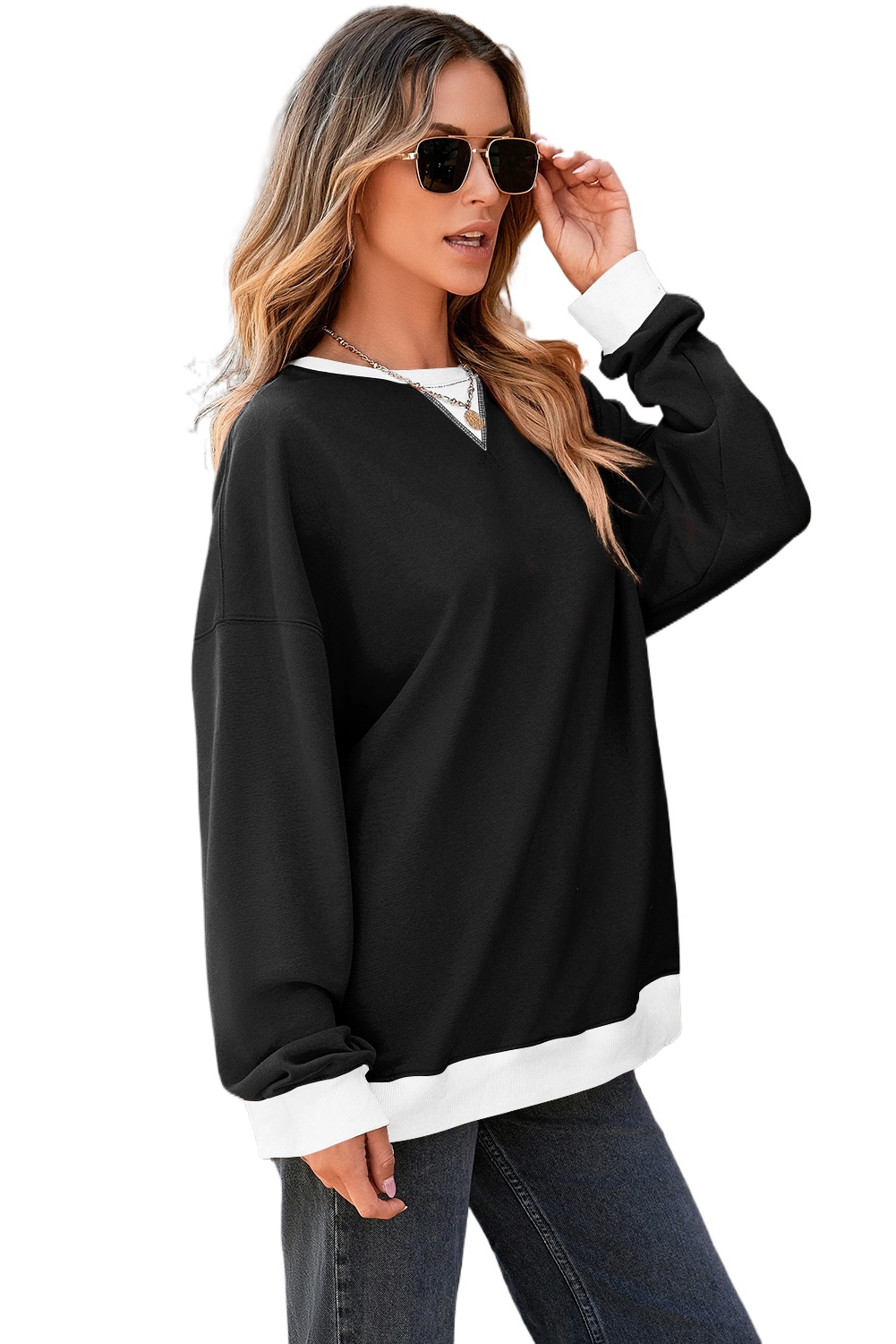 Women's Black Contrast Ribbed Color Block Baggy Sweatshirt for Casual Daily Wear - Main View