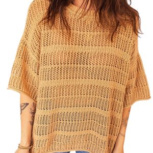 Women's Mustard Openwork Knit Sweater – Casual 3/4 Sleeve for Stylish Spring Days