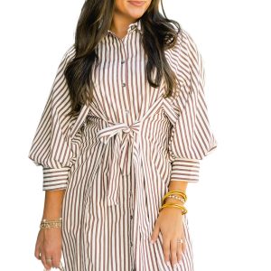 Women's Brown Stripe Knot Waist Mini Shirt Dress – Casual Puff Sleeve Style for Spring Days
