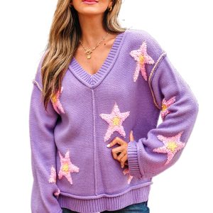 Lavendula Brushed Star Graphic Oversize Sweater - V Neck Drop Shoulder Design - Main View
