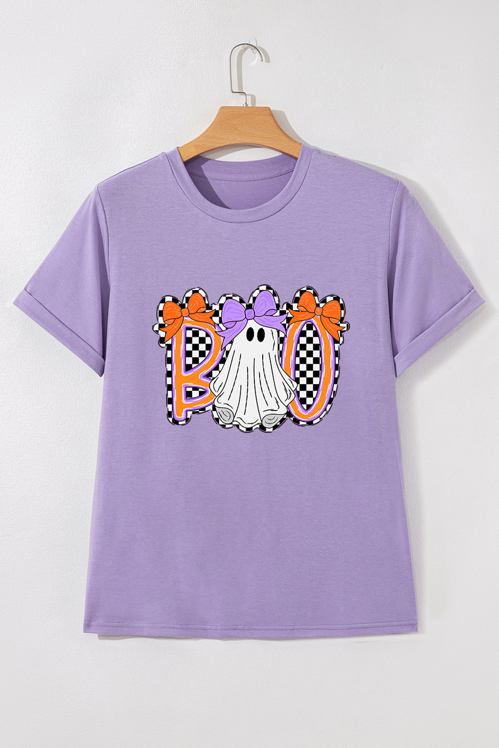 Wisteria Boo Checkered Bow Ghost Halloween Graphic Tee for Women - Detail View 9