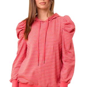 Women's Red Stripe Puff Sleeve Hoodie – Casual Comfort for Daily Wear - Main View