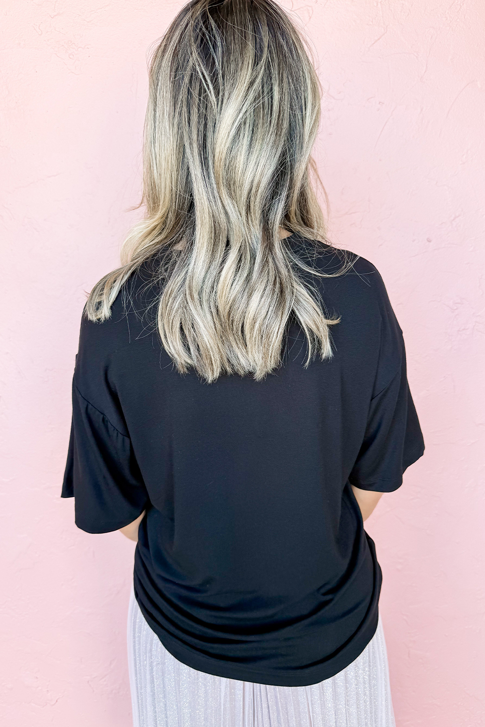 Stylish Black Round Neck T-Shirt with Sequin Bow Patch - Perfect for Game Day - Detail View 6