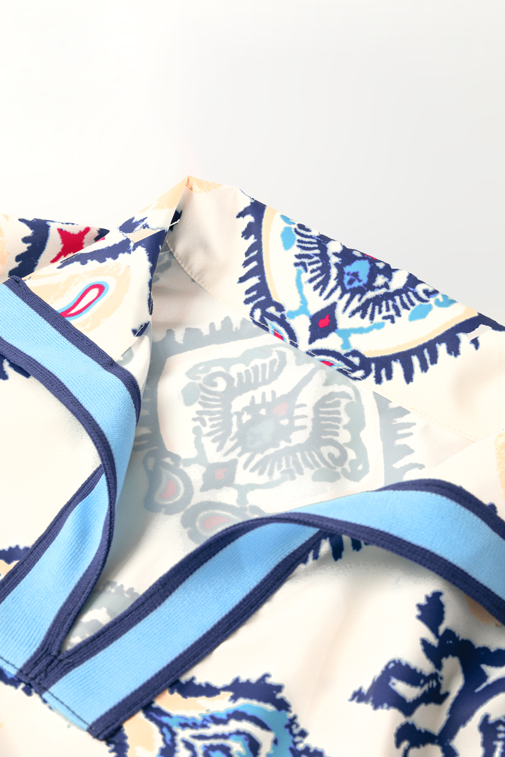 Bohemian Style Blue Abstract Pattern Mini Dress with High Waist and Long Sleeves - Detail View 6