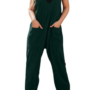 Women's Evergreen Corduroy V Neck Sleeveless Jumpsuit with Patched Pocket - Main View