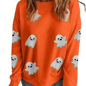 Cute Orange Halloween Ghost Sweatshirt for Women – Festive Patched Pattern for Fall & Autumn - Main View