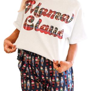 Women's Pink Mama Claus Plaid Letter Tee & Nutcracker Shorts Set – Cozy Lounge Outfit for Christmas - Main View