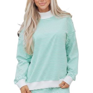 Women's Green Stripe Oversize Mock Neck Sweatshirt and Shorts Set – Casual Two-Piece Lounge Outfit - Main View