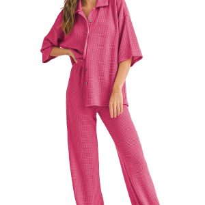Casual Women's Rose Red Buttoned Shirt & Pants Set – Perfect for Summer Outings