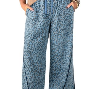Women's Blue Leopard Print Wide Leg Drawstring Jeans – Casual Spring Style for Daily Wear