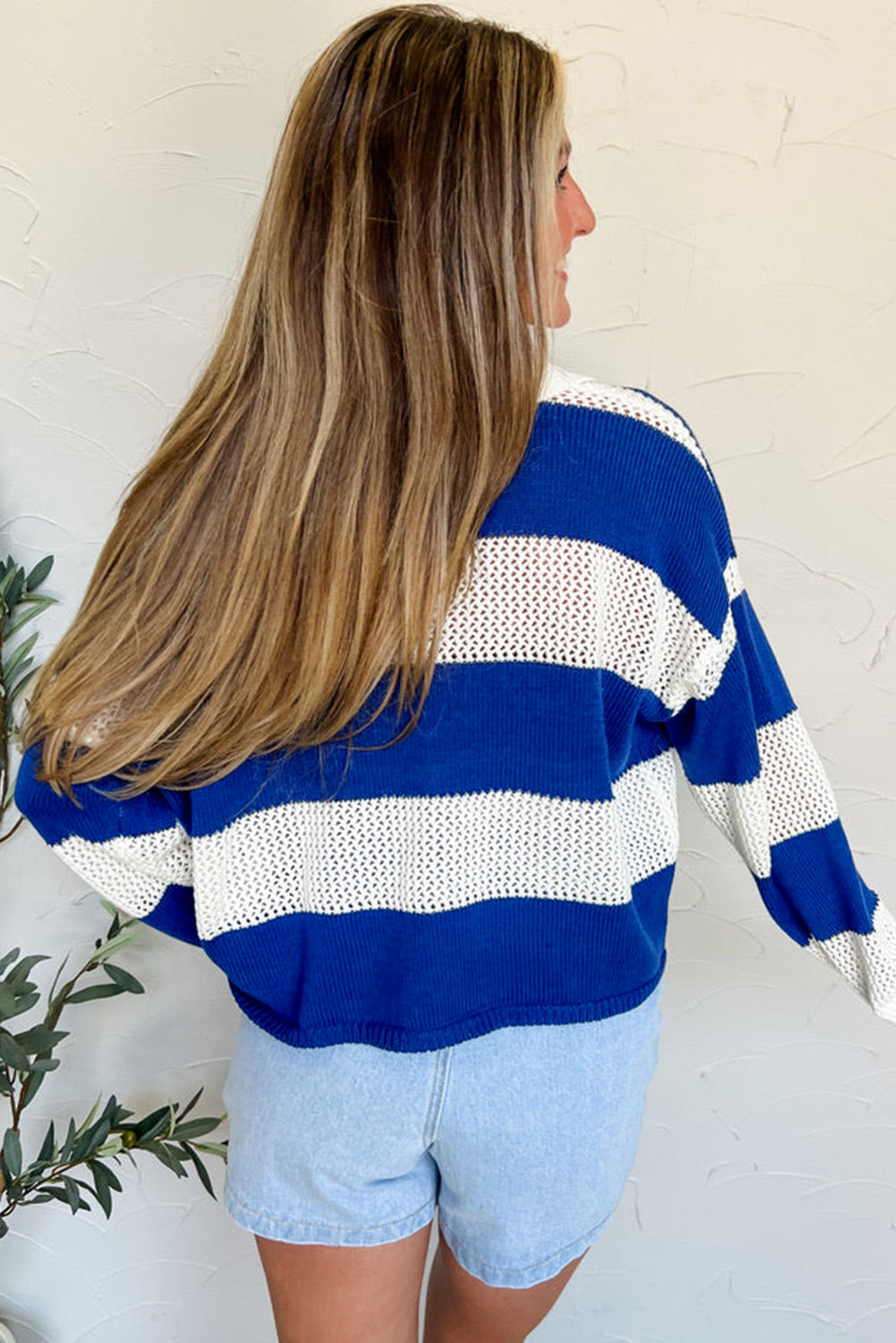 Soft and Textured Fall Sweater - Blue Striped Colorblock with Shell Buttons - Detail View 11