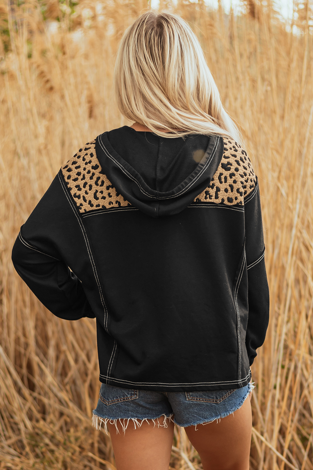 Casual Long Sleeve Leopard Print Hoodie for Women – Trendy Quarter Zip Pullover - Detail View 2