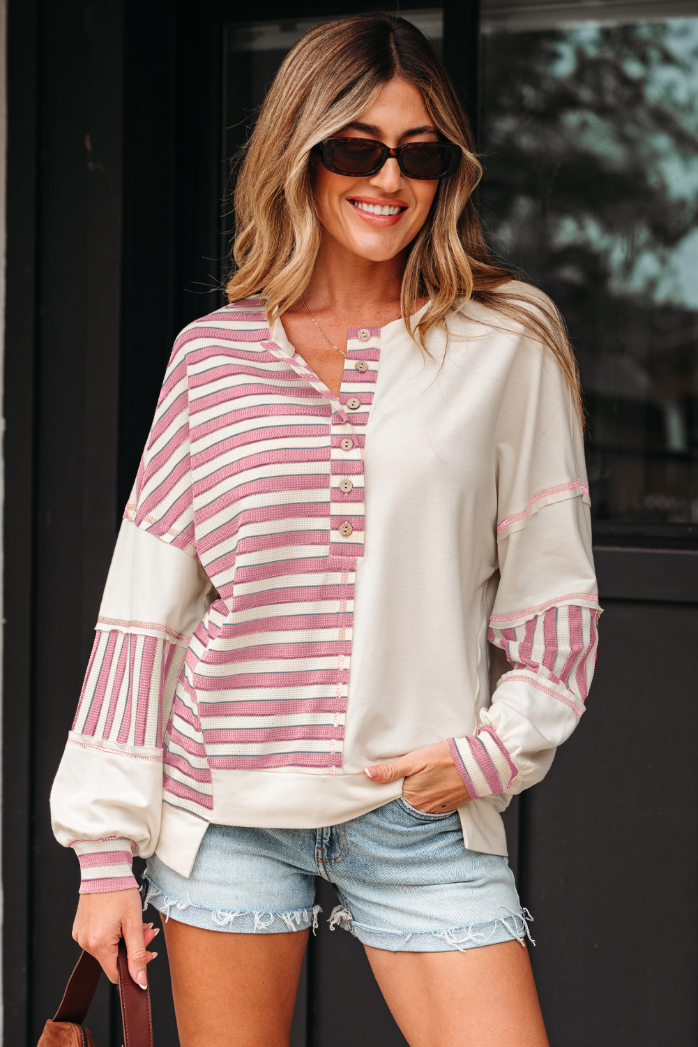 Women's Oversized Pink Stripe Color Block Pullover Top with Stitched Detail - Detail View 5