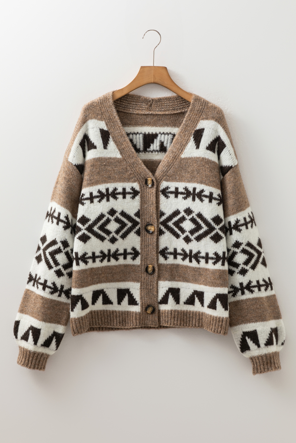 Women's Cardigan, Dark Khaki, Ethnic Pattern, Geometric Design, V Neck, Button Front, Long Sleeve, Casual, Bohemian Style, Fall Fashion, Daily Wear, Comfortable Sweater, Stylish Outerwear - Detail View 8
