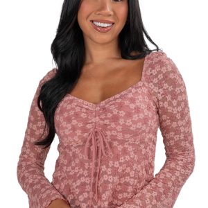 Women's Peach Blossom Floral Lace Blouse – Elegant Long Sleeve Top for Spring Occasions