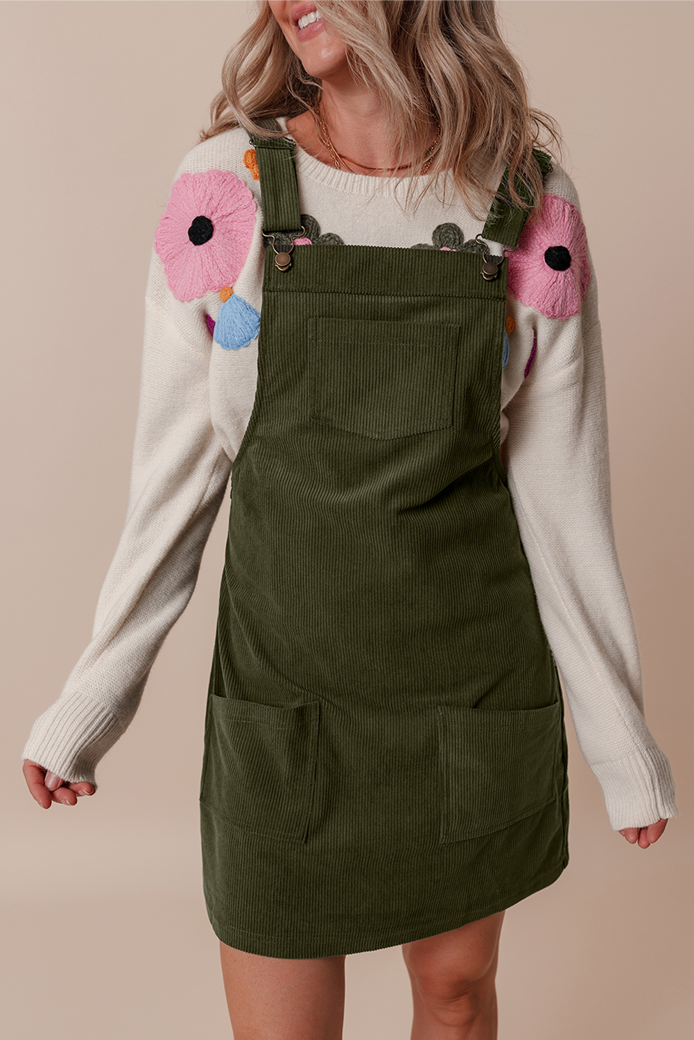 Vineyard Green Sleeveless Corduroy Overall Dress with Front Pockets for Casual Fall Style - Detail View 5