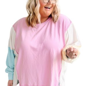 Women's Pink Colorblock Patchwork Drop Shoulder Sweatshirt – Plus Size Casual Daily Wear for Fall Comfort - Main View
