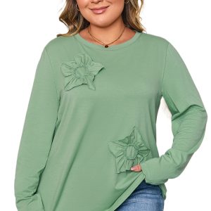 Plus Size Grass Green Flower Applique Mineral Wash Long Sleeve Top - Main View