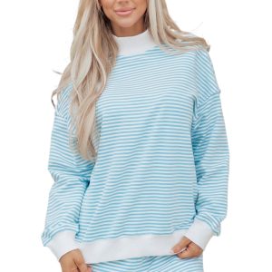 Women's Striped Oversize Mock Neck Sweatshirt and Shorts Set – Sky Blue Casual Lounge Outfit - Main View