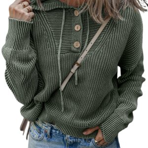 Women's Mist Green Mineral Wash Hooded Sweater – Ribbed Knit Button Drawstring Neck for Casual Daily Wear - Main View