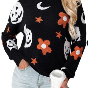 Women's Casual Black Halloween Mythical Night Pattern Drop Shoulder Sweater - Main View
