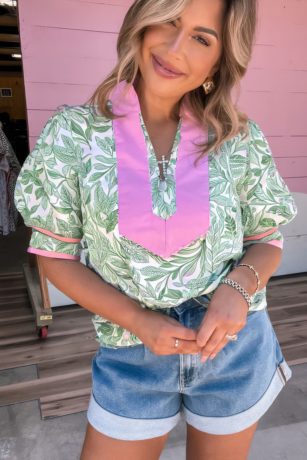 Chic Puff Sleeve Blouse with V Neck and Leaf Print - Casual Fashion for Women - Detail View 6