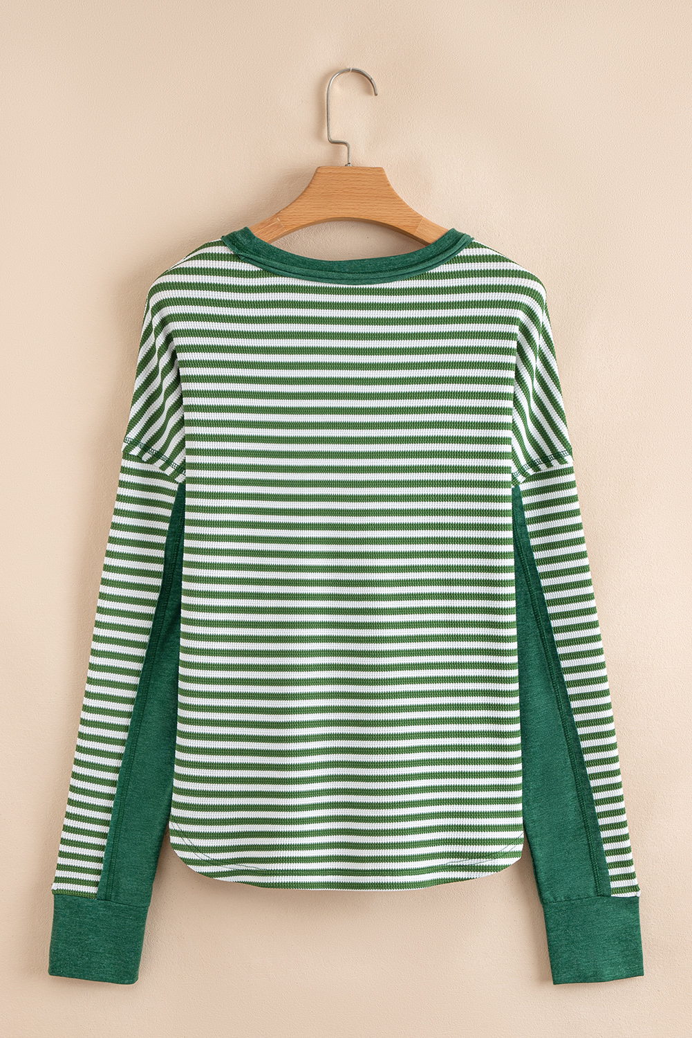 Women's Casual Top, Green Stripe, Thermal Knit, Drop Shoulder, Long Sleeve, Round Neck, Patchwork Design, Striped Pattern, Daily Wear, Fall Fashion, Comfortable, Vacation Wear, Outdoor Style, Back to School - Detail View 8
