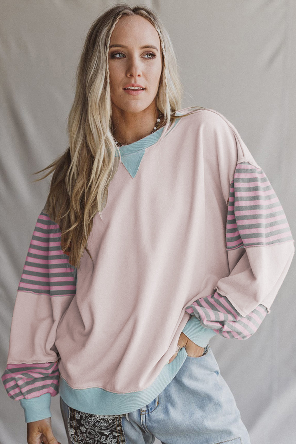 Women's Delicacy Striped Colorblock Patchwork Drop Shoulder Long Sleeve Sweatshirt - Detail View 5