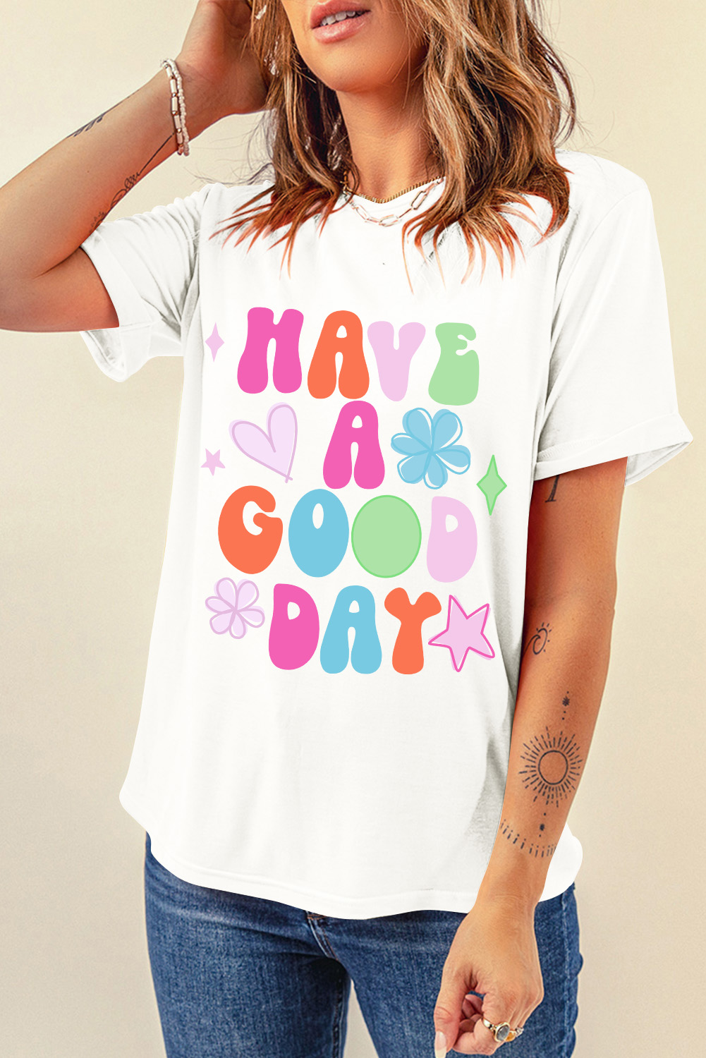 Women's White 'HAVE A GOOD DAY' Print Graphic Casual Tee - Detail View 5