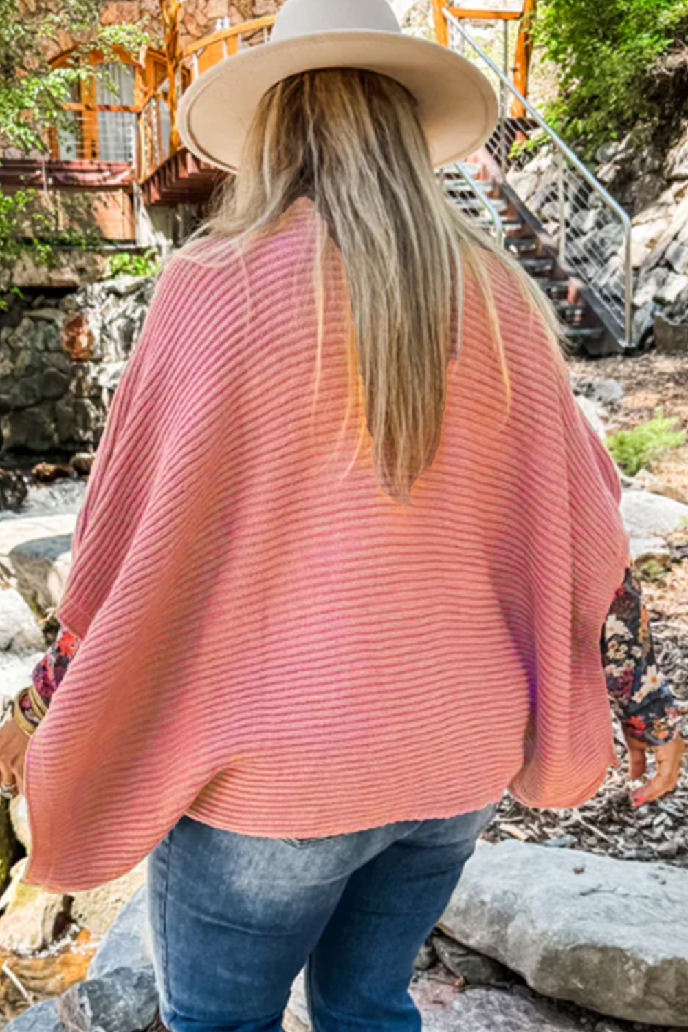 Casual Light Pink Solid Color Sweater - Half Sleeve Poncho Design - Detail View 2