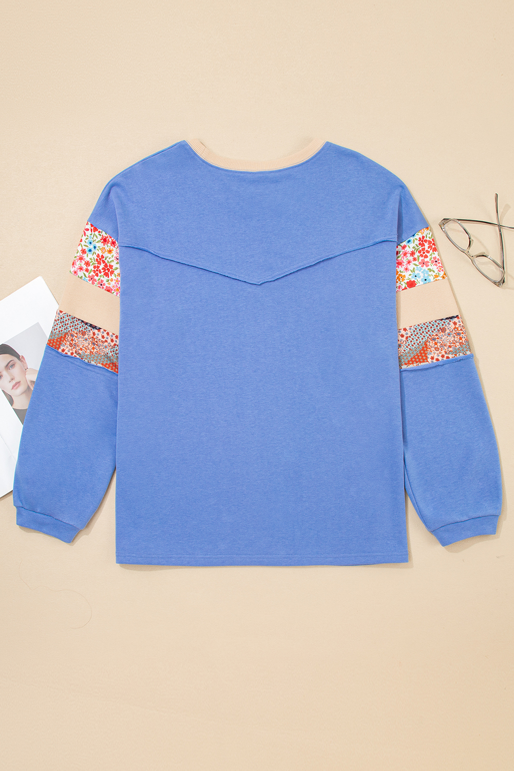 Comfortable and Chic Plus Size Relaxed Top - Blue Floral Patchwork Design - Detail View 3