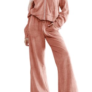 Women's Peach Blossom Velvet Zip-up Hoodie and Wide Leg Pants Set – Cozy Casual Ensemble for Fall - Main View