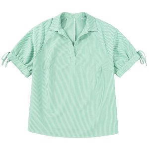 Women's Plus Size Mint Green Striped Blouse – Casual V Neck Short Sleeve Summer Shirt