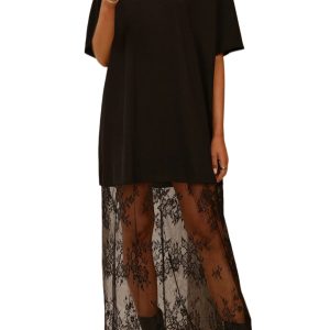 Women's Black Floral Patchwork Maxi Dress – Elegant Short Sleeve Casual Style for Summer