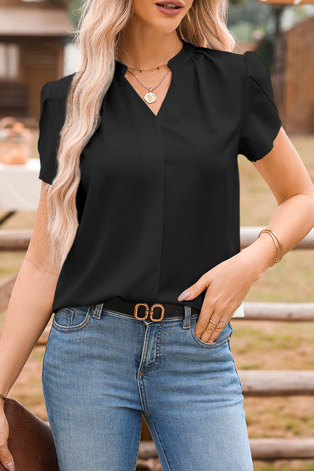 Women's Black Silky Petal Sleeve Blouse with Notched V Neck - Detail View 5