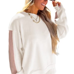 Women's White Color Block Patchwork Pullover & Shorts Set – Casual Fall Outfit for Daily Wear - Main View